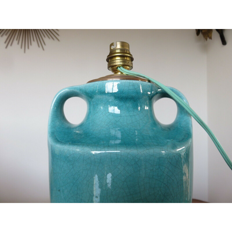 Vintage blue turquoise cracked ceramic amphora lamp 1960s