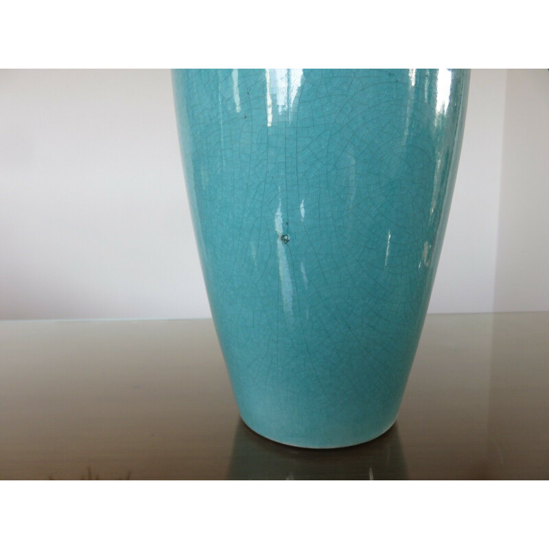 Vintage blue turquoise cracked ceramic amphora lamp 1960s