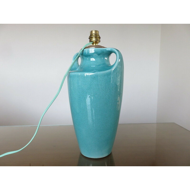 Lampe amphore vintage en céramique craquelée bleue turquoise 1960