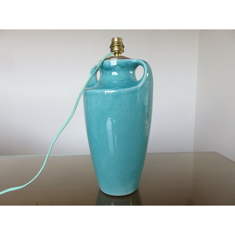 Vintage blue turquoise cracked ceramic amphora lamp 1960s