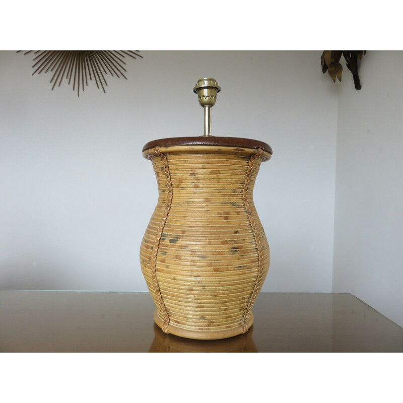 Vintage lamp base in rattan leather and rope 1960s