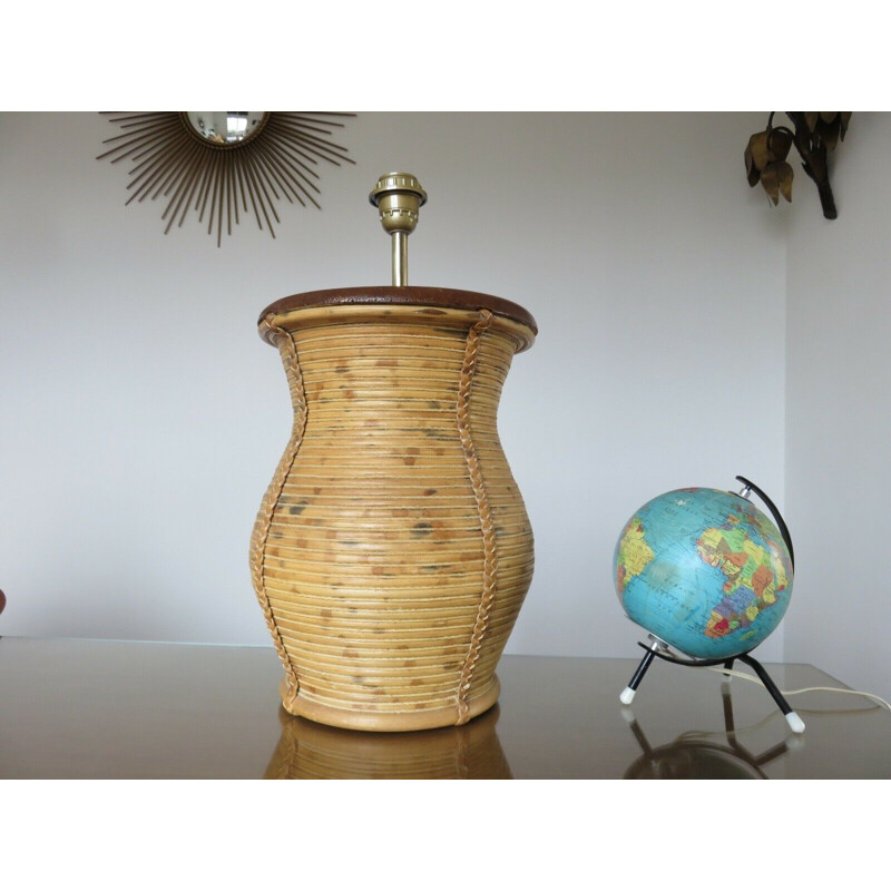 Vintage lamp base in rattan leather and rope 1960s