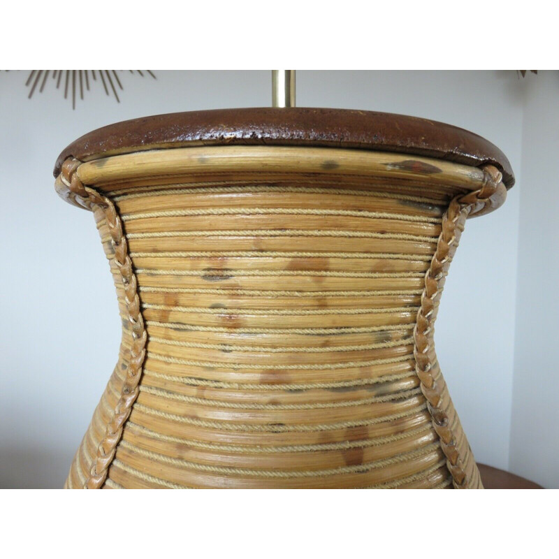 Vintage lamp base in rattan leather and rope 1960s