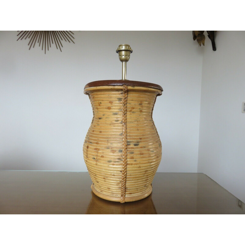 Vintage lamp base in rattan leather and rope 1960s