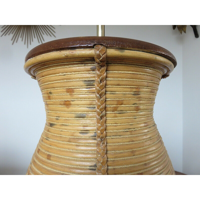 Pied de lampe vintage en rotin cuir et corde 1960