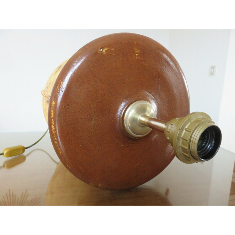 Pied de lampe vintage en rotin cuir et corde 1960