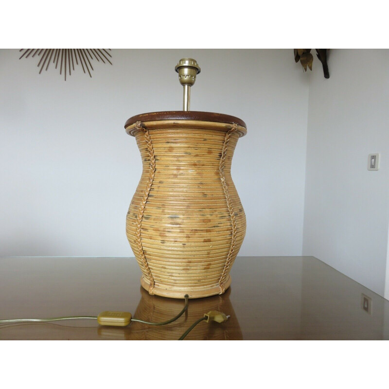 Vintage lamp base in rattan leather and rope 1960s