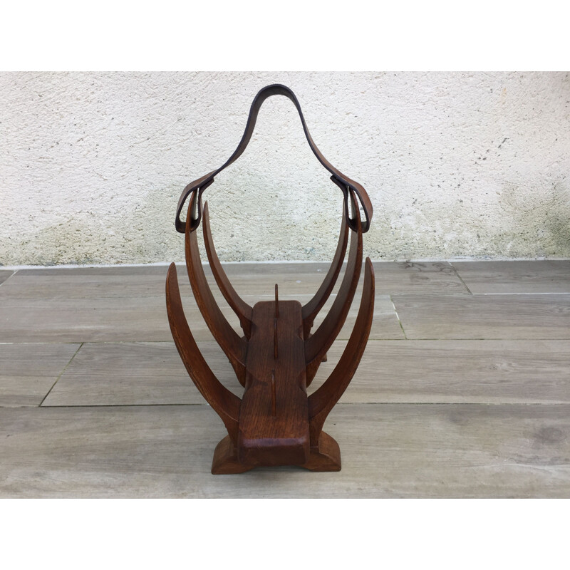 Vintage Brutalist magazine rack in oak and leather