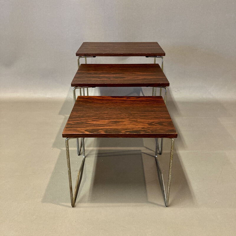 Table gigogne vintage en métal et palissandre 1950