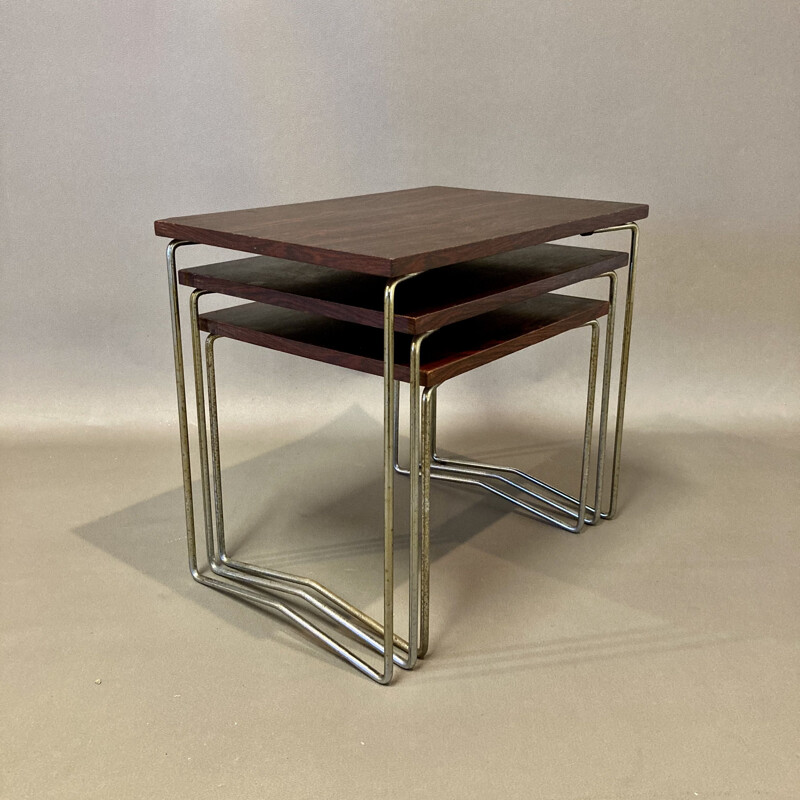 Table gigogne vintage en métal et palissandre 1950