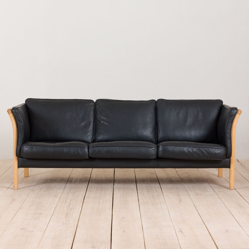 Vintage black leather Stouby 3 seater sofa Denmark 1980s