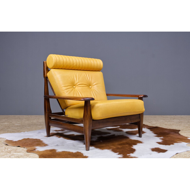 Fauteuil lounge vintage en cuir et palissandre 1960