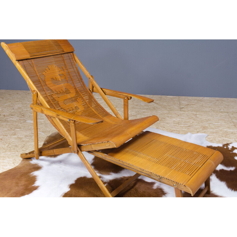Vintage Bamboo Lounger with armrests and hocker Japanese 1940s