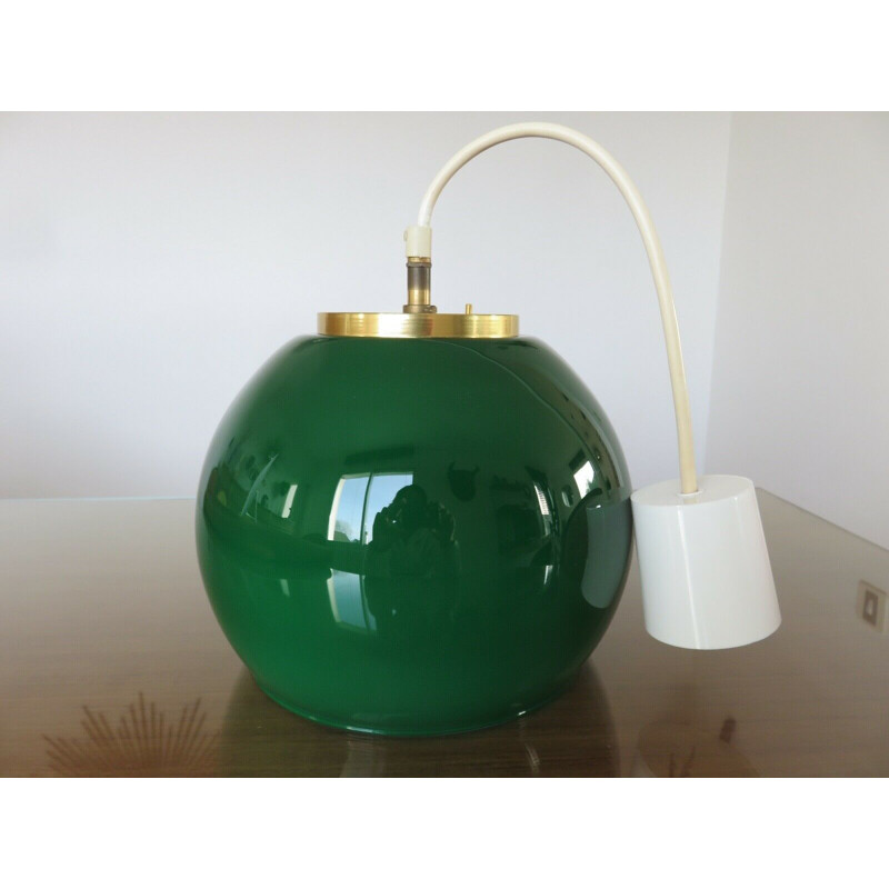 Vintage hanging lamp parscot opaline emerald green and brass 1970s