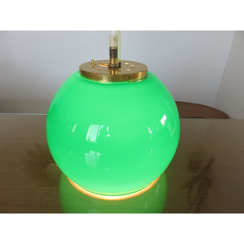 Vintage hanging lamp parscot opaline emerald green and brass 1970s