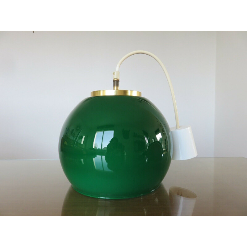 Vintage hanging lamp parscot opaline emerald green and brass 1970s