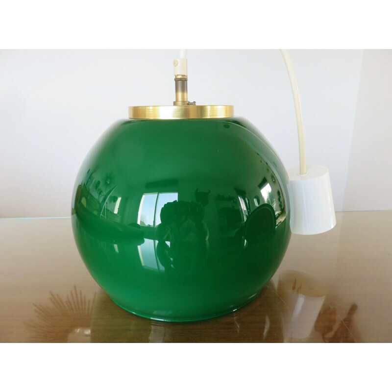 Vintage hanging lamp parscot opaline emerald green and brass 1970s