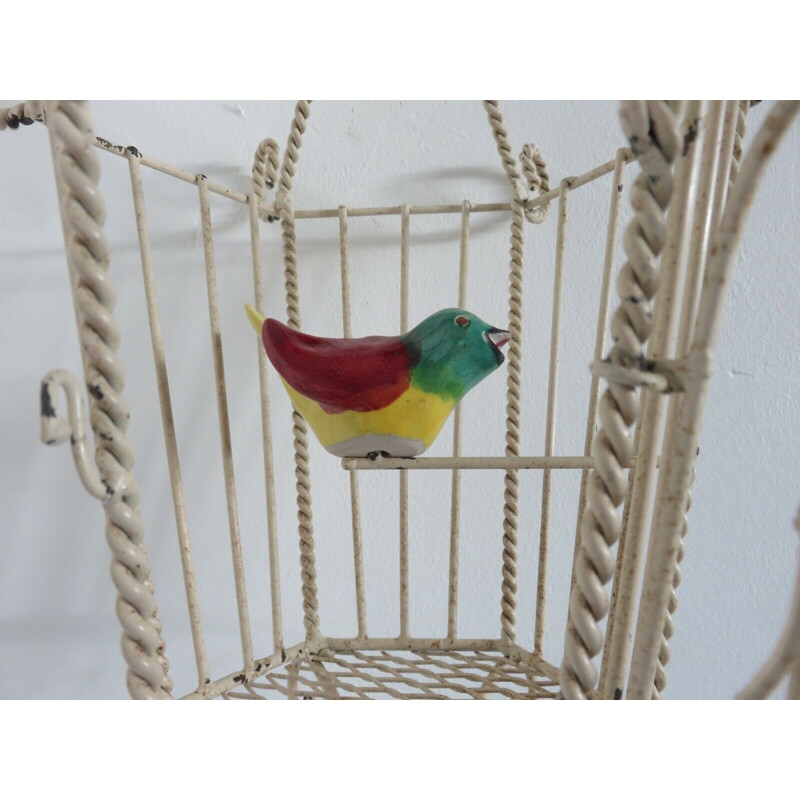 Applique vintage cage a oiseaux métal et céramique 1950
