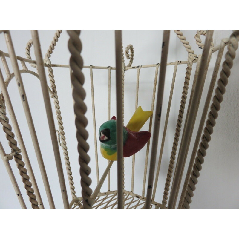 Applique vintage cage a oiseaux métal et céramique 1950