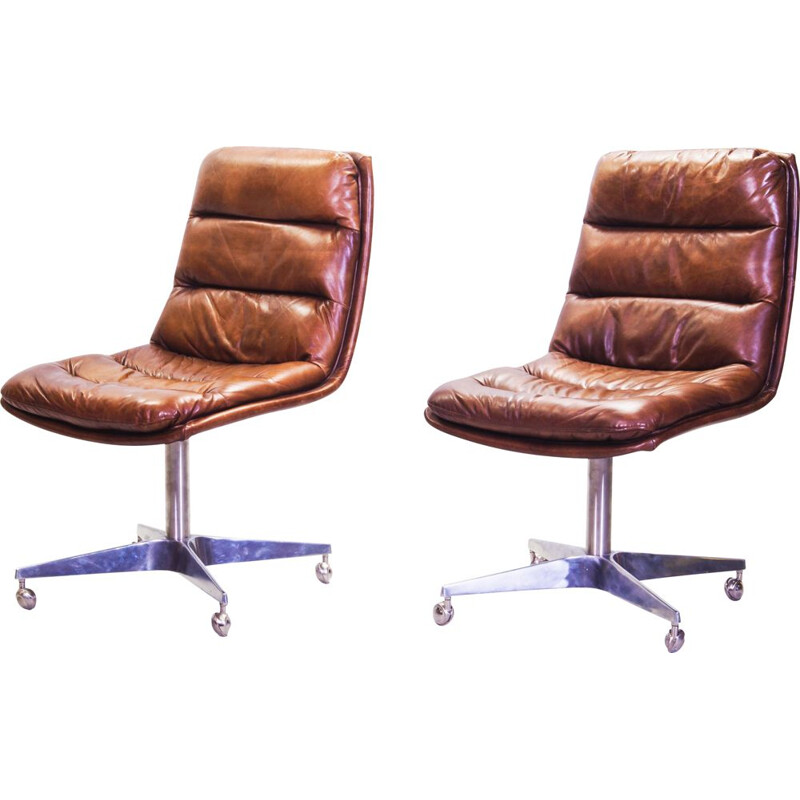 Pair of vintage Cognac Leather Swivel Chairs