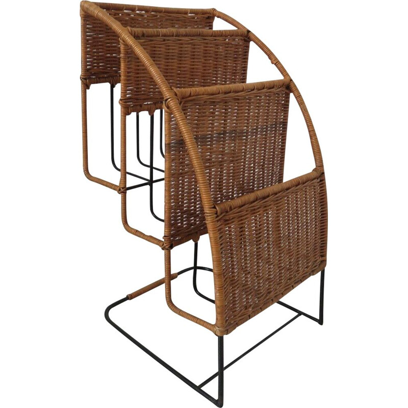 Vintage Raoul Guys magazine rack rattan and lacquered metal 1950s