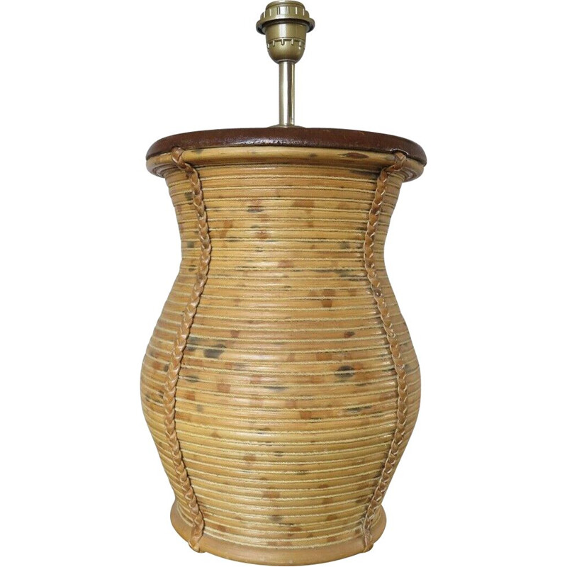 Vintage lamp base in rattan leather and rope 1960s