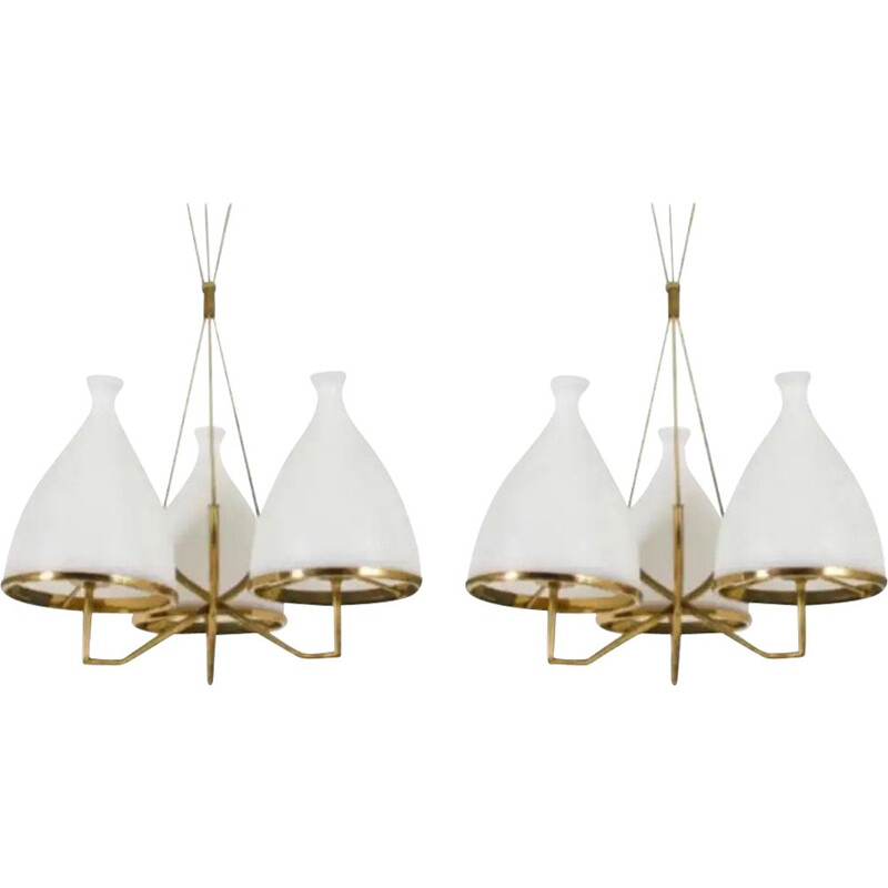 Pair of vintage Brass and White Glass Chandeliers 1950s