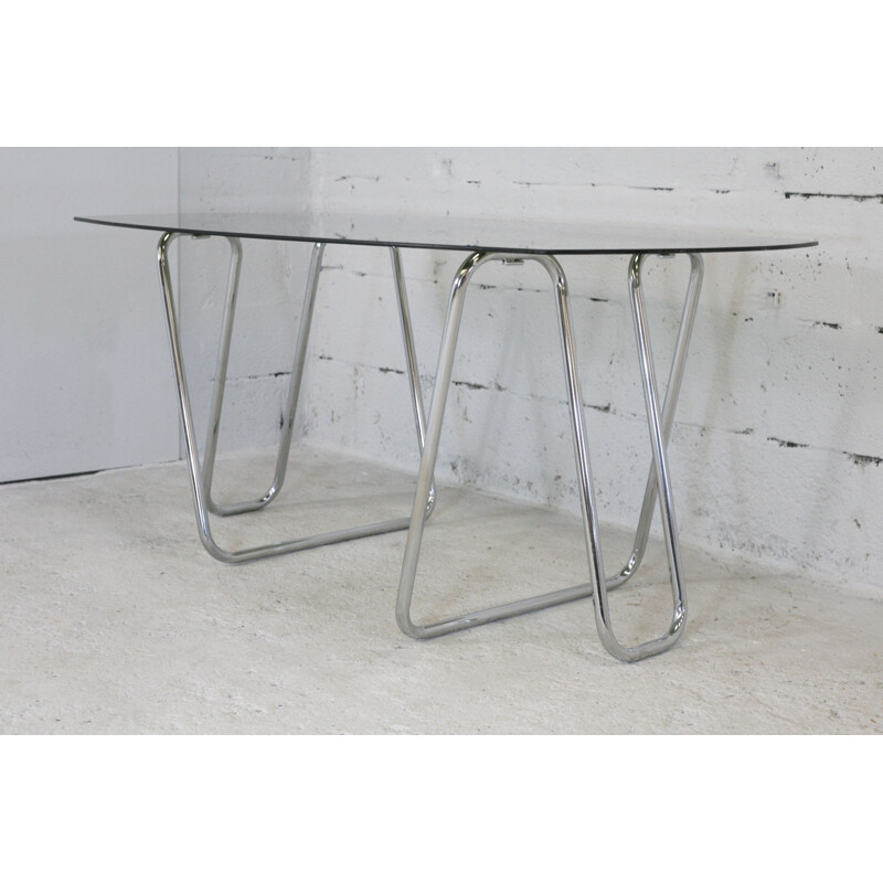 Vintage tubular steel trestle desk with smoked glass top, 1970
