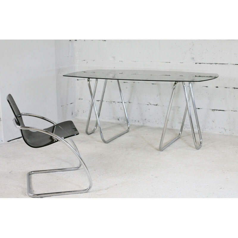 Vintage tubular steel trestle desk with smoked glass top, 1970