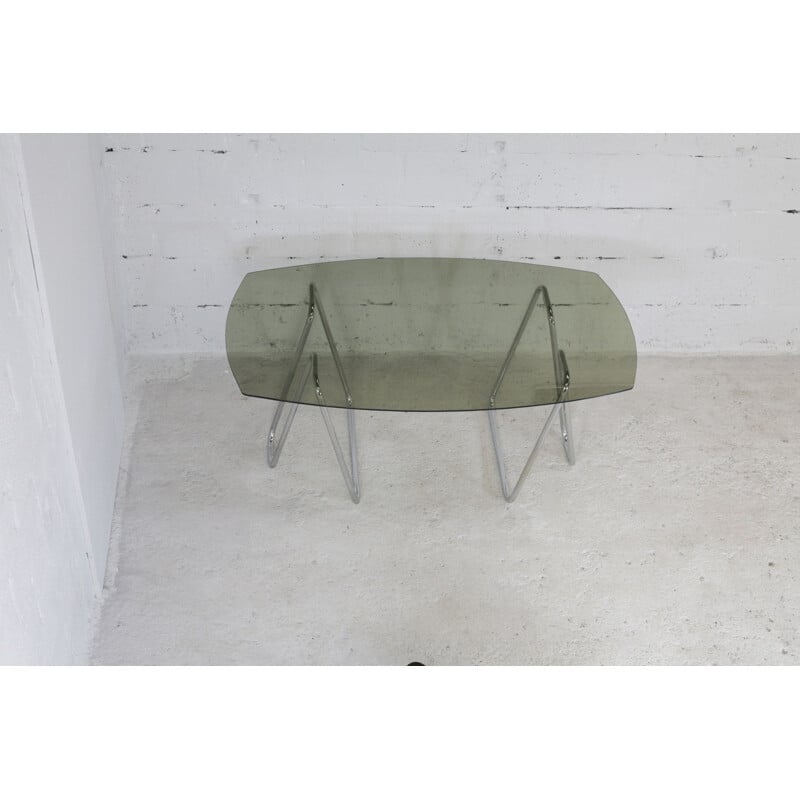 Vintage tubular steel trestle desk with smoked glass top, 1970