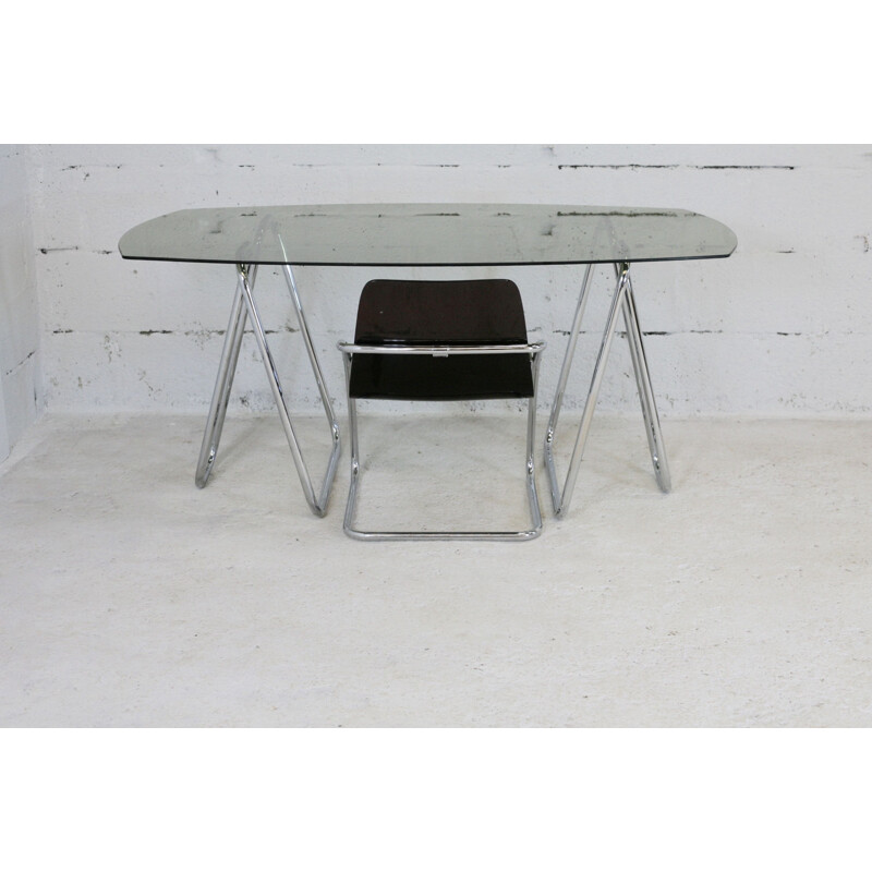 Vintage tubular steel trestle desk with smoked glass top, 1970