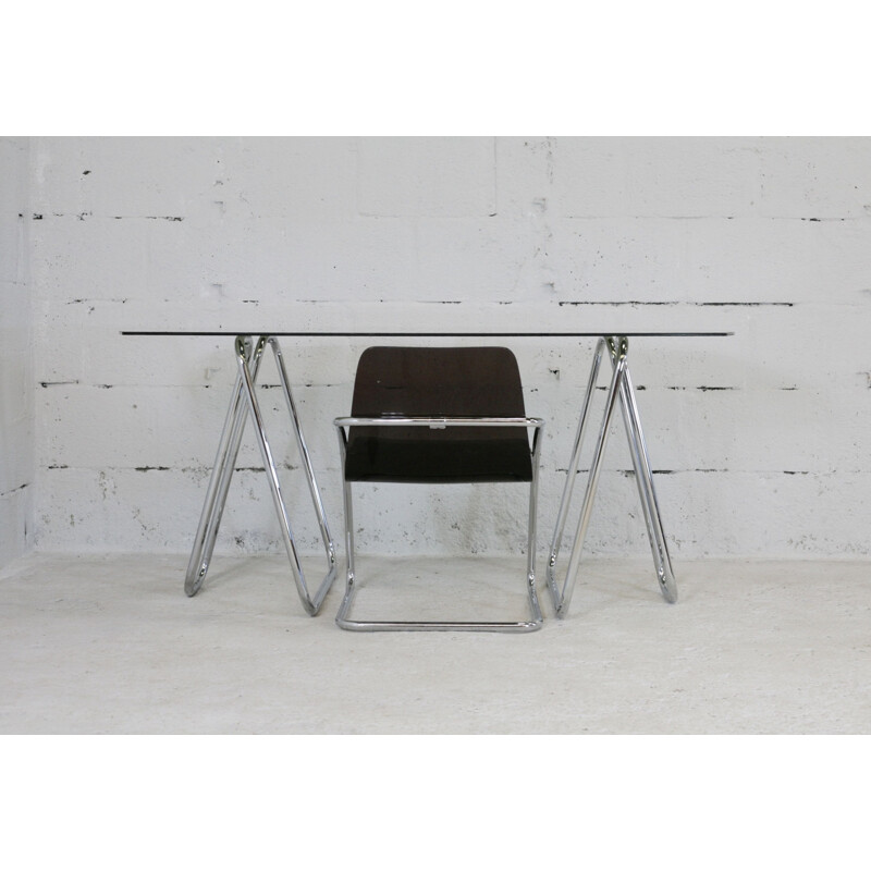 Vintage tubular steel trestle desk with smoked glass top, 1970