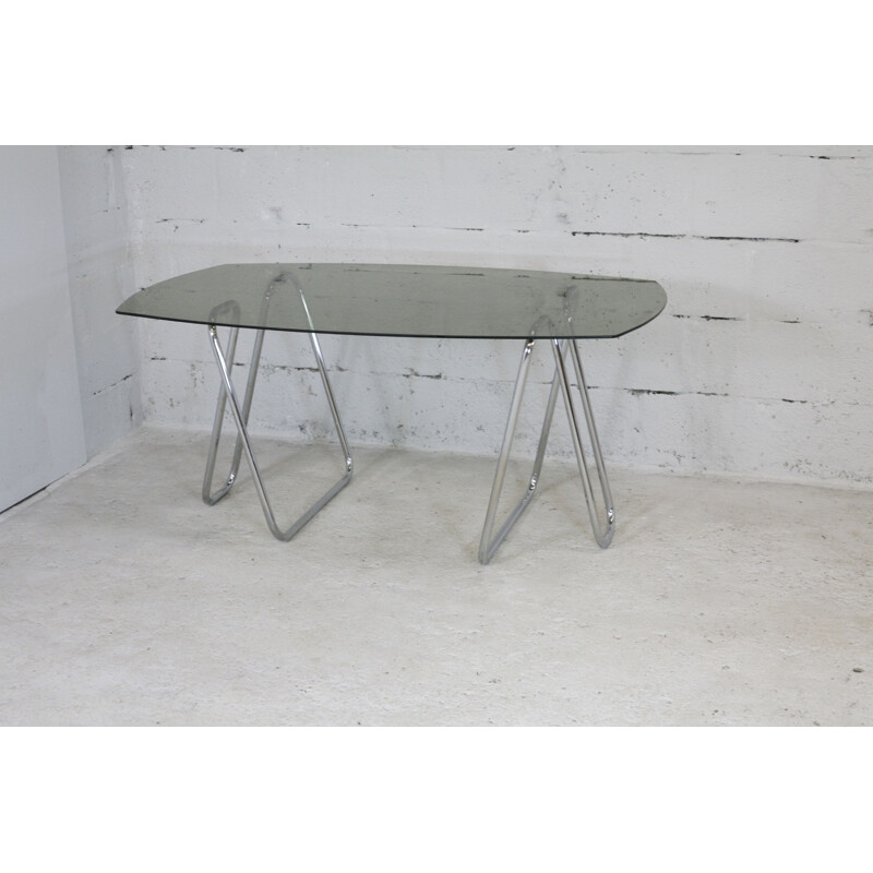 Vintage tubular steel trestle desk with smoked glass top, 1970