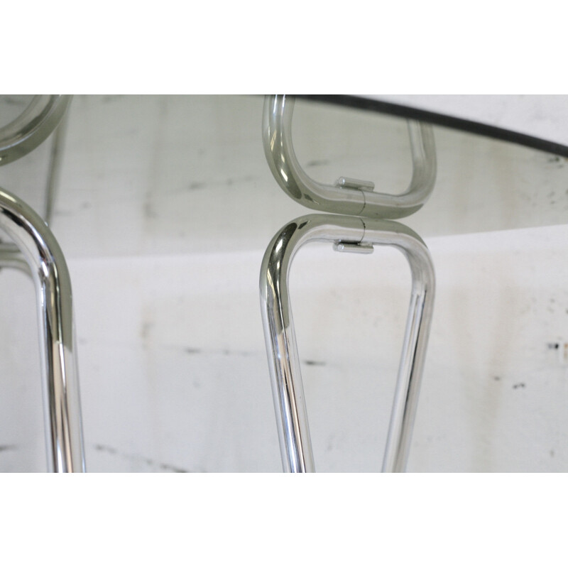 Vintage tubular steel trestle desk with smoked glass top, 1970