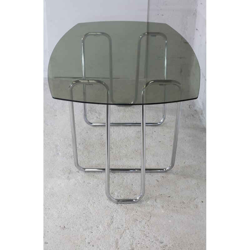 Mesa com cavalete tubular em aço Vintage com tampo em vidro fumado, 1970