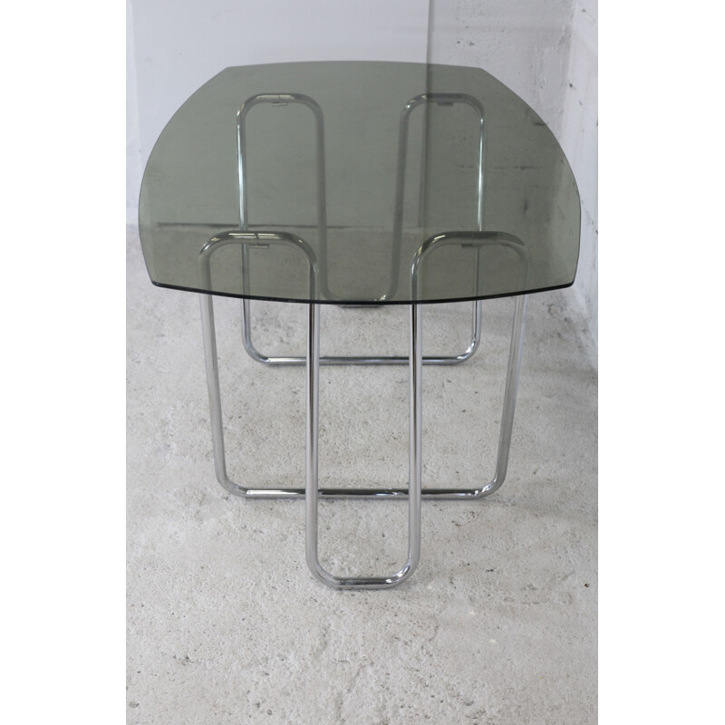 Vintage tubular steel trestle desk with smoked glass top, 1970