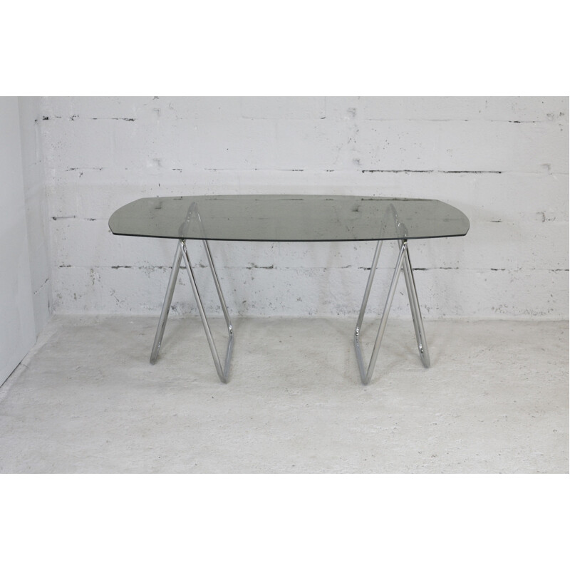 Vintage tubular steel trestle desk with smoked glass top, 1970