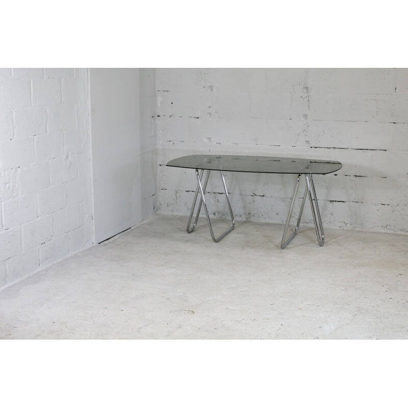 Vintage tubular steel trestle desk with smoked glass top, 1970