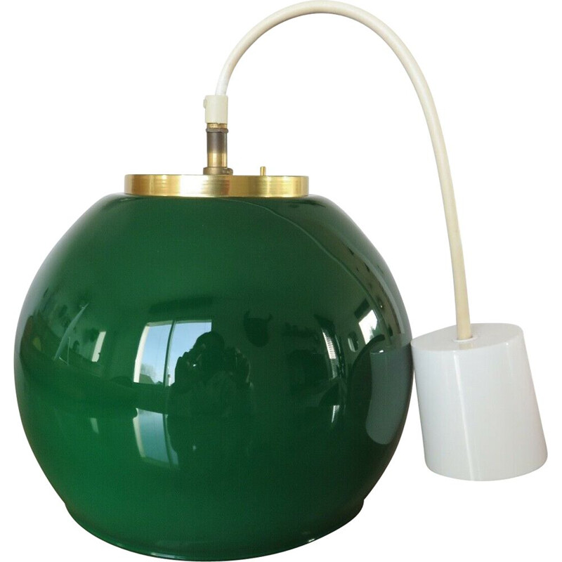 Vintage hanging lamp parscot opaline emerald green and brass 1970s