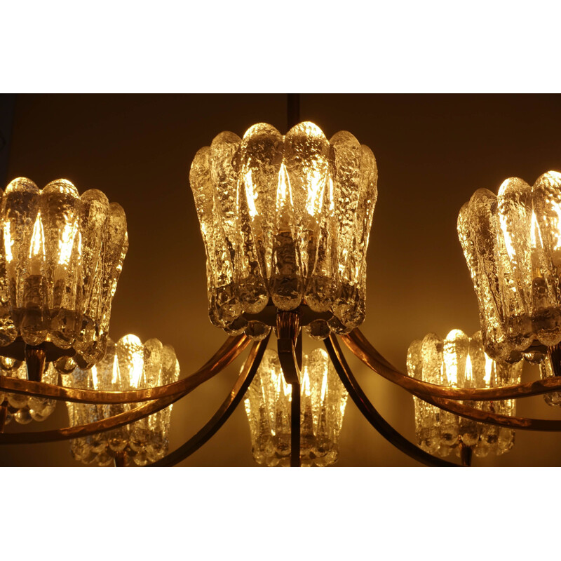 Vintage brass chandelier with 8 crystal glasses, 1950