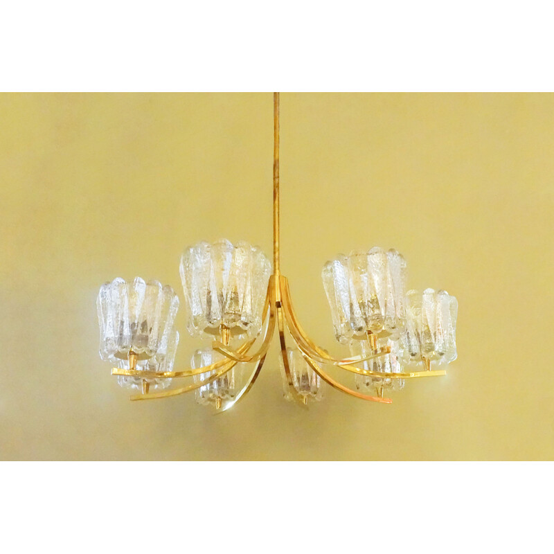 Vintage brass chandelier with 8 crystal glasses, 1950