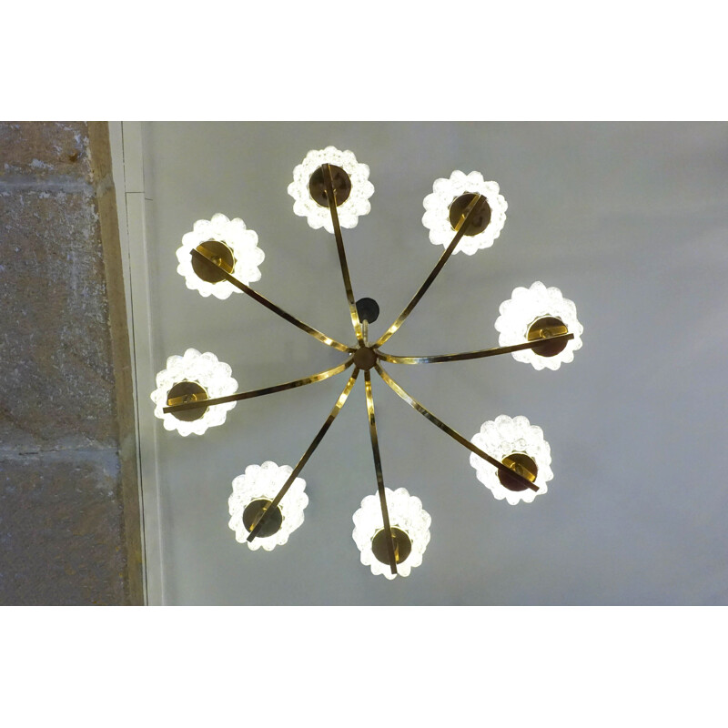 Vintage brass chandelier with 8 crystal glasses, 1950