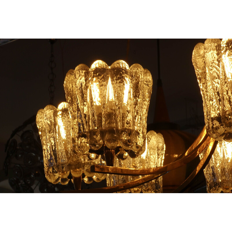 Vintage brass chandelier with 8 crystal glasses, 1950