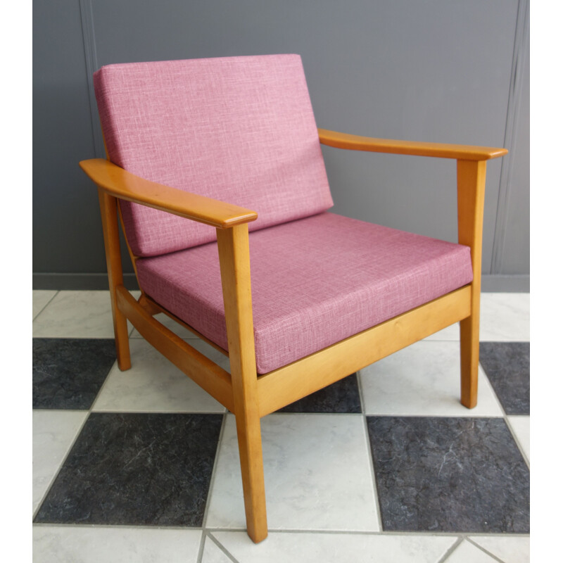 Vintage pink armchair with wooden frame 1960
