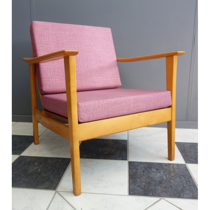 Vintage pink armchair with wooden frame 1960