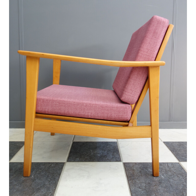 Vintage pink armchair with wooden frame 1960