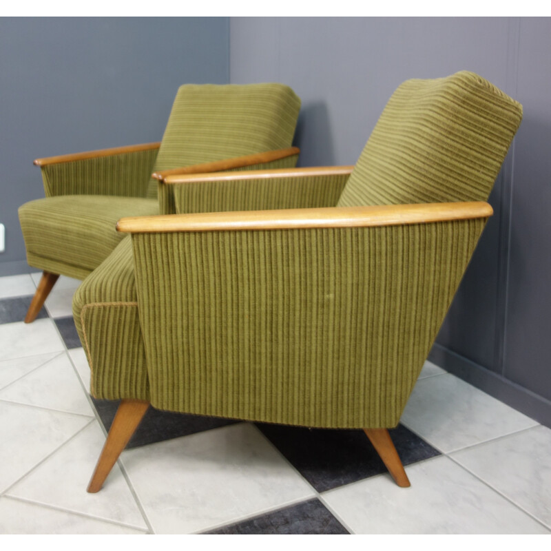 Pair of vintage club armchairs in green fabric 1960s