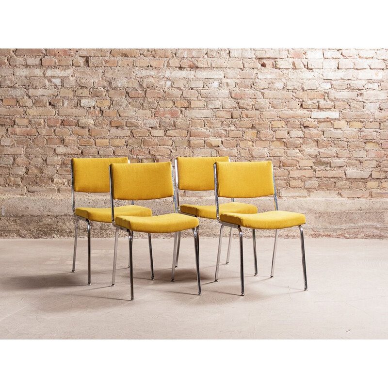 Set of 4 vintage chairs on chrome legs, yellow ochre fabric seats and backrests 1960