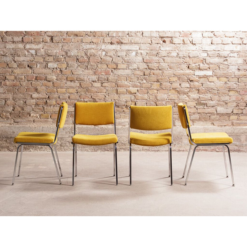 Set of 4 vintage chairs on chrome legs, yellow ochre fabric seats and backrests 1960