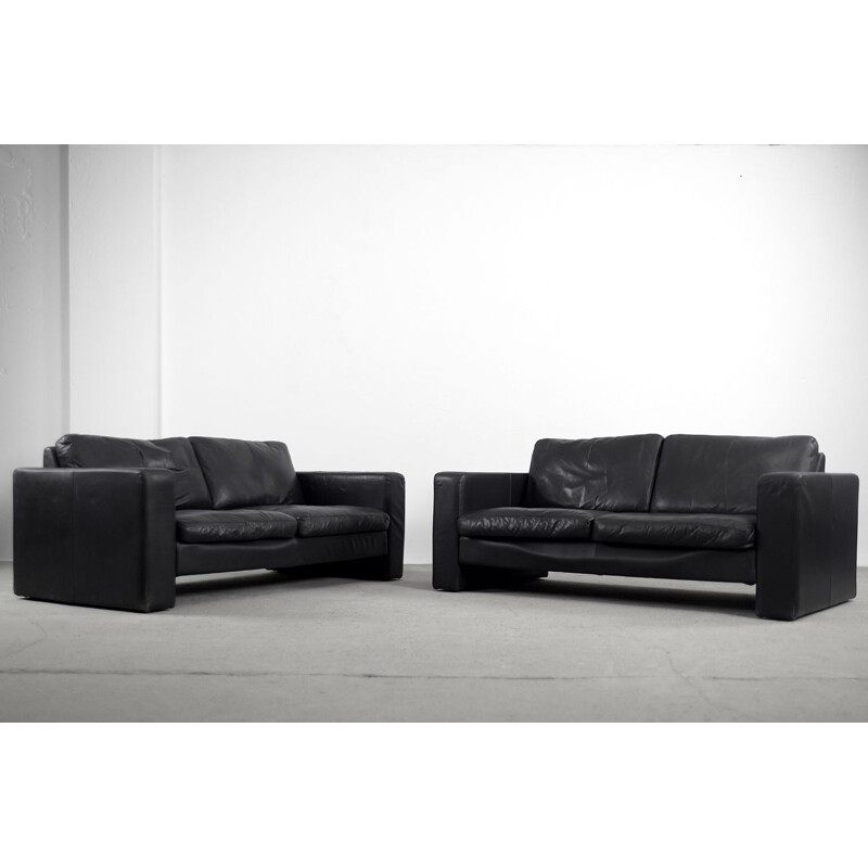 Pair of vintage Black Leather 2-Seater Conseta Sofa by F. W. Möller from Cor German 1960s